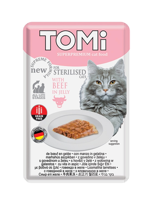Κονσέρβα για στειρωμένες γάτες φακελάκι Tomi Beef in Jelly(85gr)