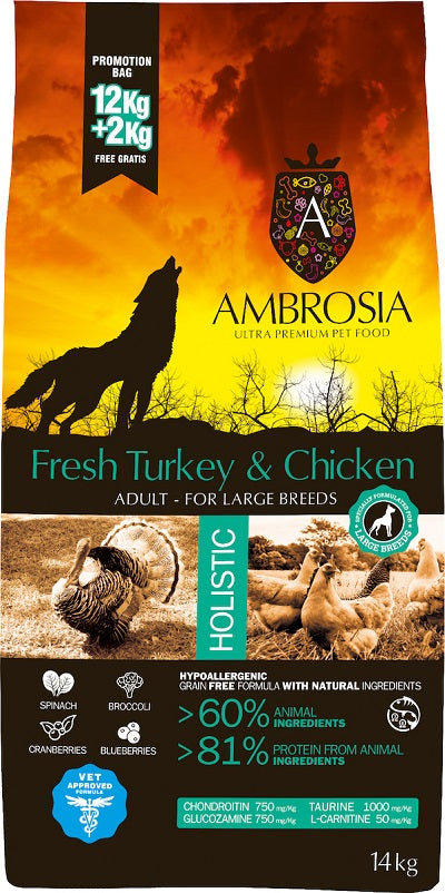 Ambrosia GrainFree LARGE BREED Adult Γαλοπούλα-Κοτόπουλο ξηρά τροφή σκύλου